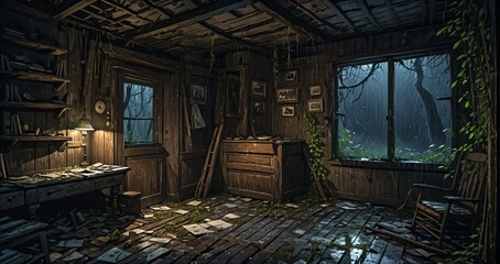 old abandoned wooden cabin ransacked lodge on a rainy summer spring evening.