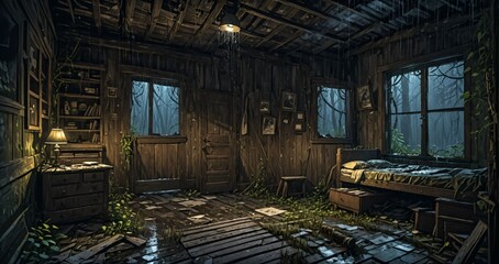 abandoned wooden cabin bedroom interior in the woods on  a rainy evening day night. ransacked wood log lodge overgrown cottage in the forest rain.