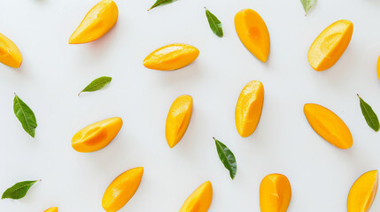 Slices of ripe, juicy mangoes and green leaves carefully arranged on a bright white background, creating a refreshing, tropical, and minimalistic vibe.