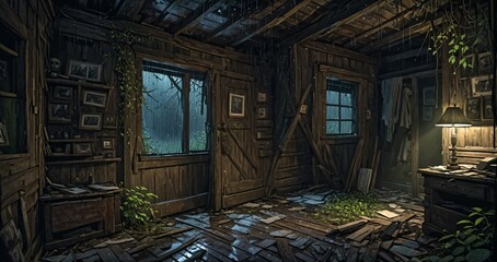 old abandoned wooden cabin ransacked lodge on a rainy summer spring evening.