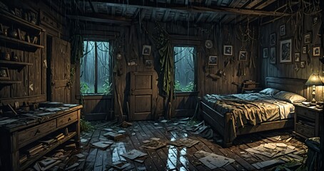 abandoned wooden cabin bedroom interior in the woods on  a rainy evening day night. ransacked wood log lodge overgrown cottage in the forest rain.