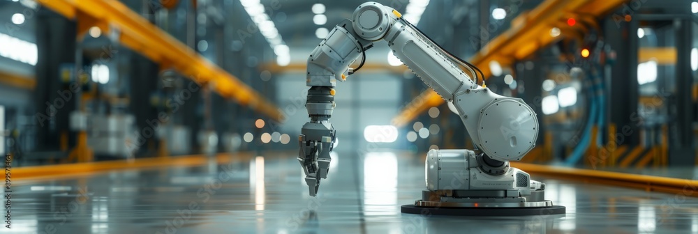 Poster Robotic arm working in an advanced factory environment. Concept of automation and industrial robotics.