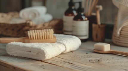Zero waste home with wooden brush soap on towel table