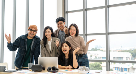 Asian business start up freelance people team analyzing statistics financial. Group Team of businesspeople man and woman Meeting Conference Discussion various topic Corporate Concept in office.