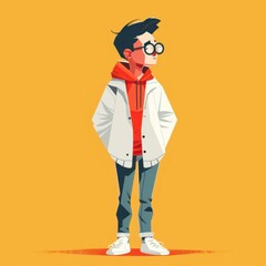 Fototapeta premium a young man wearing a white jacket, red hoodie, and glasses