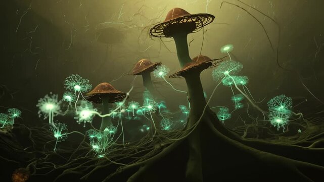 Exploring the mycelium network in a glowing forest at night