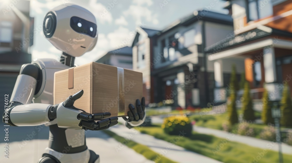 Poster Robot holding a package in front of a house. Technology transforming delivery services.