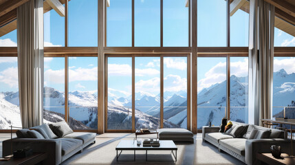 Fototapeta premium A luxurious, modern living room with floor-to-ceiling windows reveals a breathtaking panoramic view of snow-capped mountains under a clear blue sky.