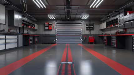 A modern, well-lit garage with organized tools and workstations, ready for the next mechanical project.