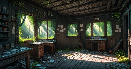 abandoned cabin house in the woods. wooden log lodge interior in the forest on a sunny summer day with sun rays through windows in nature.