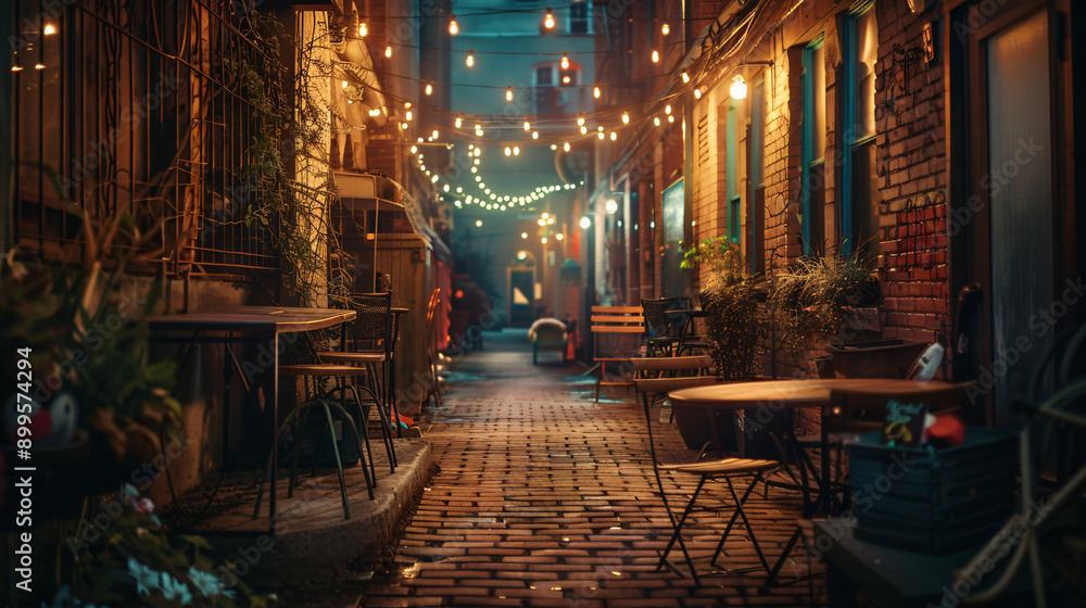 Poster Twilight ambiance in an empty alleyway cafe, with cozy string lights creating an inviting atmosphere
