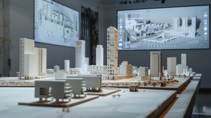 virtual architectural review conducted in a model room, with 3D printed buildings and digital enhancement screens