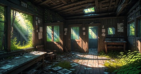 abandoned cabin house in the woods. wooden log lodge interior in the forest on a sunny summer day with sun rays through windows in nature.