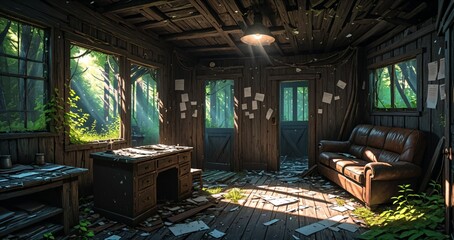 abandoned cabin house in the woods. wooden log lodge interior in the forest on a sunny summer day with sun rays through windows in nature.