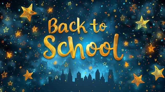 A vibrant, colorful night sky filled with stars and confetti, with a city skyline and the words Back to School in gold lettering. - Powered by Adobe
