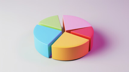Obraz premium A pastel-colored 3D pie chart placed on a clean surface, showcasing segments in various soft tones for a calm and professional visual presentation.
