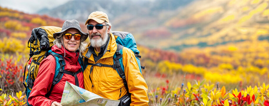 Senior couple in hike. Old happy people walk. Autumn nature with mature woman and man hiking with map. Healthy active lifestyle. Sport and travel in autumn mountain landscape. Outside adventure banner