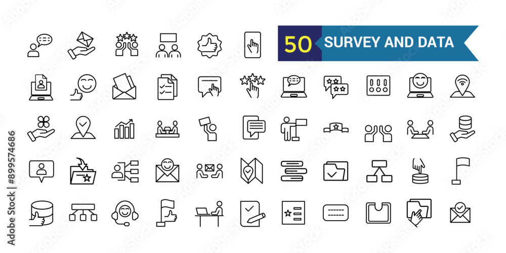 Poster survey and data icon. outline icon collection. editable vector stroke.