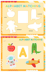 My first busy book – learning alphabet. Cut letter A and pictures starts with A and paste (glue) it in right place. Activity worksheet for toddlers. Matching game. Vector illustration.