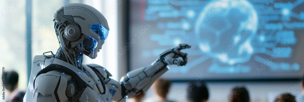 Aufkleber Futuristic robot pointing at a digital presentation in a classroom setting with students. Integration of AI technology in educational environments.