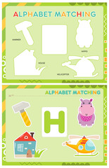 My first busy book – learning alphabet. Cut letter H and pictures starts with H and paste (glue) it in right place. Activity worksheet for toddlers. Matching game. Vector illustration.