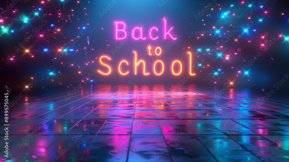 Poster a neon sign reads back to school with a geometric style text in front of a dark background with colo