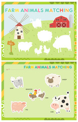 My first busy book – learning names of farm animals. Cut animals and paste (glue) them in right place. Activity worksheet for toddlers. Matching game. Vector illustration.
