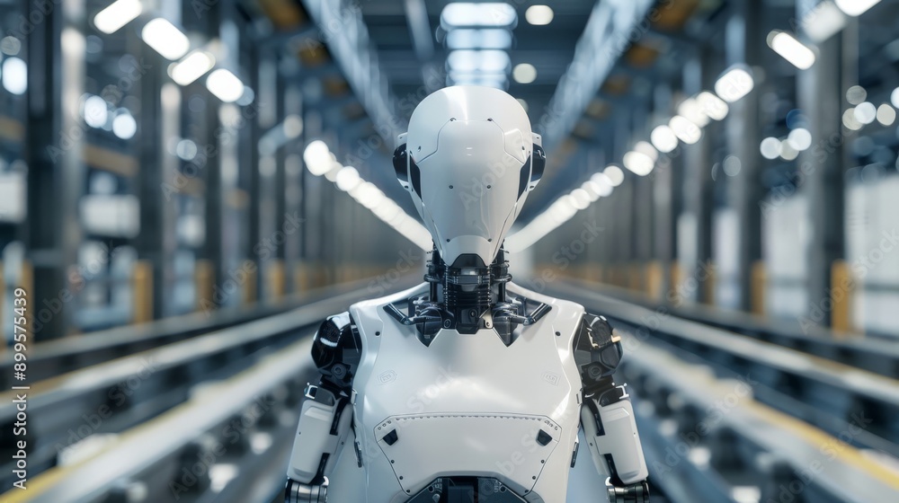 Aufkleber Futuristic humanoid robot in a high-tech industrial facility. Advanced AI and robotics in a modern technological environment.