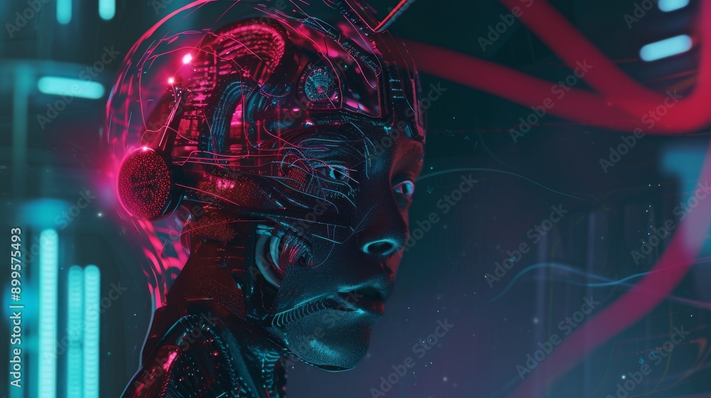 Poster cybernetic humanoid illustration featuring neon lights and intricate circuitry, creating a high-tech