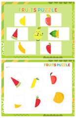 My first busy book – fruits puzzle. Cut halves of puzzle and paste (glue) them in right place. Activity worksheet for toddlers. Matching game. Vector illustration.