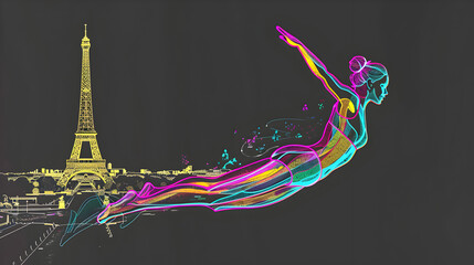 Neon Synchronized Swimmer: Neon silhouette of a synchronized swimmer with the Eiffel Tower in the background on a dark grey background.


