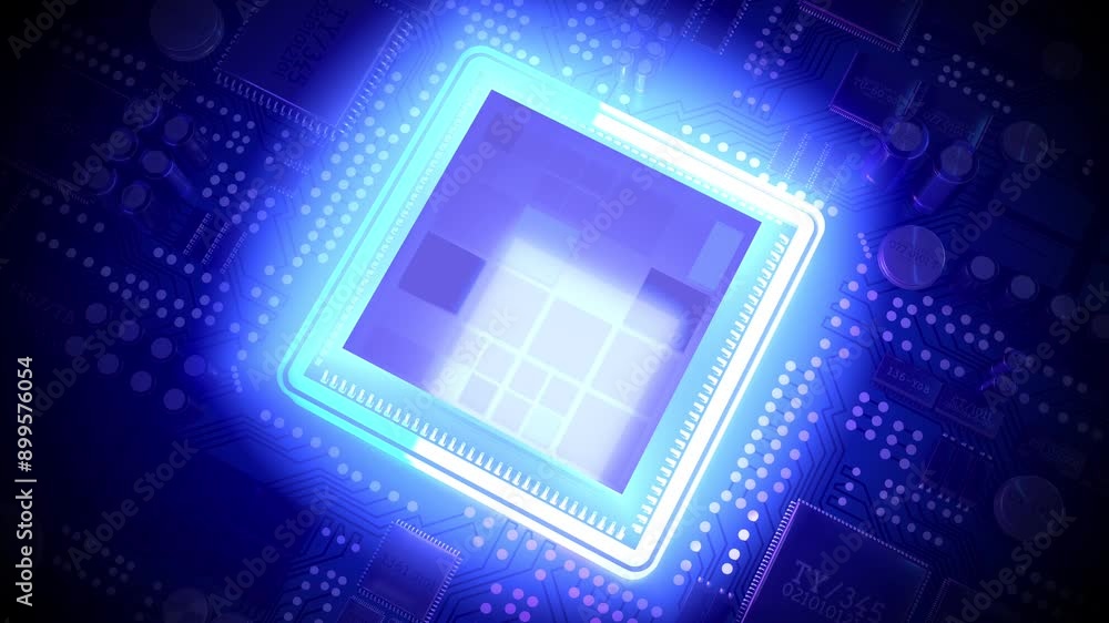 Poster computer processor and light rays - 3d 4k animation (3840 x 2160 px)