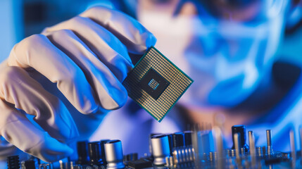 A gloved hand precisely holds a microprocessor chip in a high-tech lab, under cool blue lighting, signifying advanced scientific research.