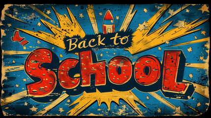 A retro-style comic book sign with a rocket and exploding starbursts reads Back to School in large, red, bold letters.