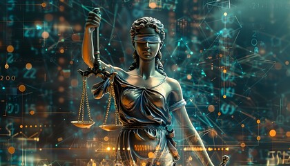 Statue oder Standbild der personalisierten Gerechtigkeit, Justizia in Bronze im Cyberspace