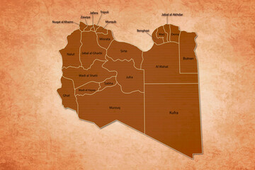 Libya Map. Libya Map with federal states in A vintage Color Texture Background