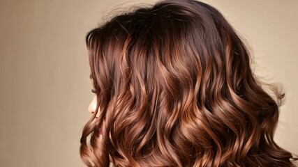 Rich chestnut brown hair with soft waves styled in a cozy indoor setting