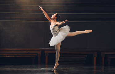 Woman, ballet and stage for dance performance, creative and practice choreography in rehearsal....