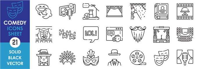 A set of line icons related to comedy. Movie, laugh, fun, screen, event, stand up, microphone, emotion, costume, and so on. Vector outline icons set.