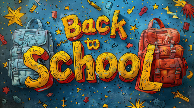 A blue background with stylized, yellow text reading Back to School. Two backpacks sit on either side of the text.