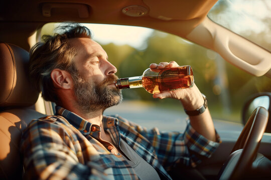 A man is drinking from a bottle of whiskey while sitting in the driver's seat of a car to bring awareness to drunk driving