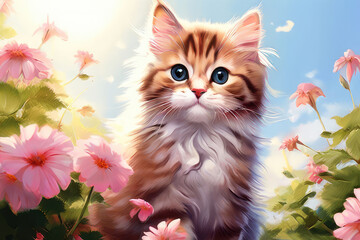 Adorable cat surrounded by flowers outdoors.