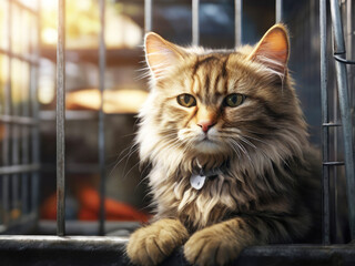 A cat sitting in the shelter cage. Homeless pet.
