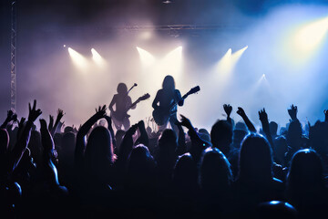 A concert scene stage lights. Rock show. People crowded silhouettes.