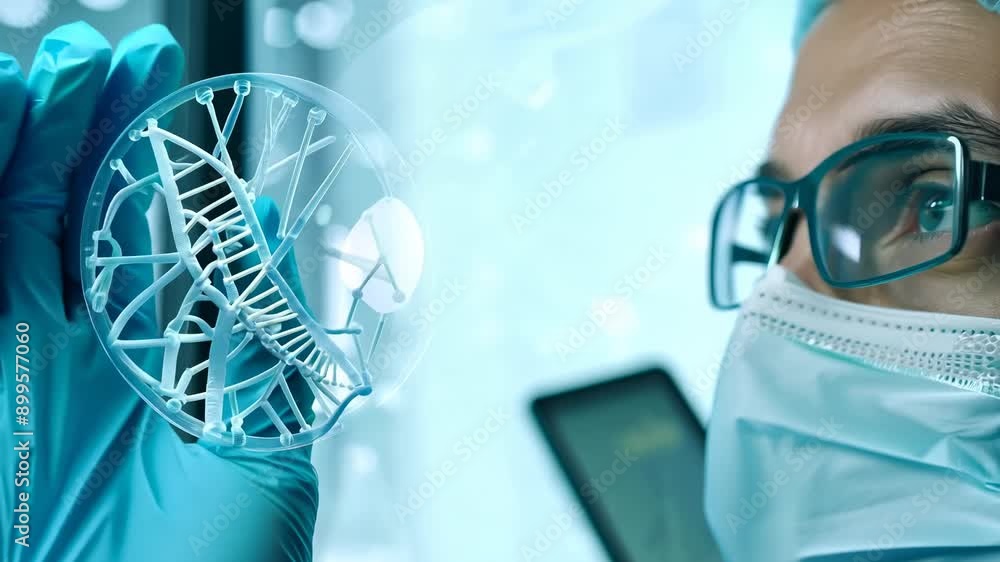 Poster scientist analyzing genetic data in modern laboratory setting