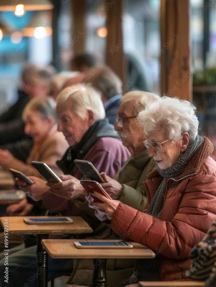 Poster a group of elderly people is seated at tables in a café, absorbed in conversation and using their sm