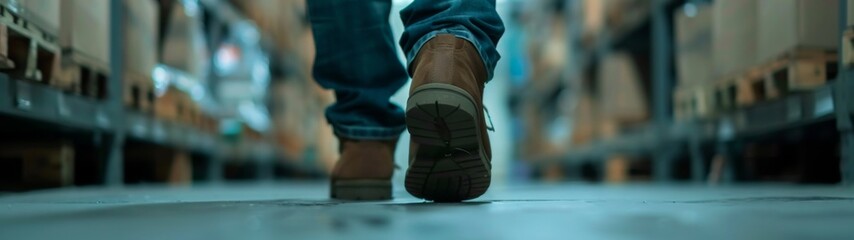 Warehouse Worker in Industrial Setting, a focused male employee managing logistics in a clean and organized storage area, emphasizing efficiency in shipping and distribution operations