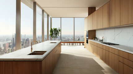 A sleek, modern kitchen with wooden cabinetry and floor-to-ceiling windows revealing a panoramic cityscape bathed in natural sunlight.