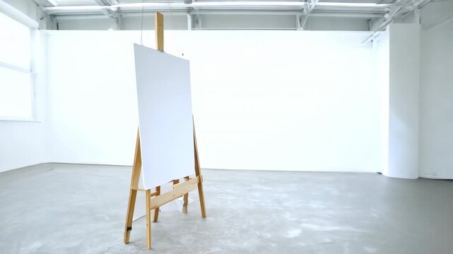 Empty art gallery with single easel and blank canvas in minimalist space