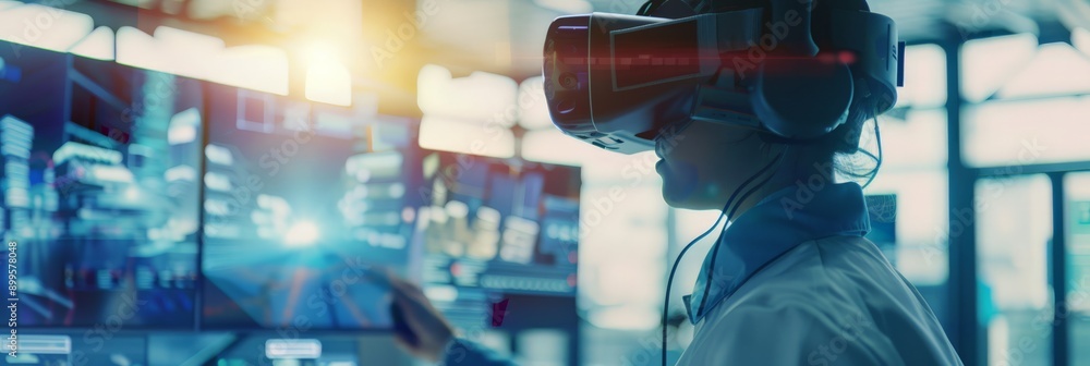 Poster Engineer using VR headset to create detailed virtual building model in modern office. Advanced technology and immersive design in engineering.